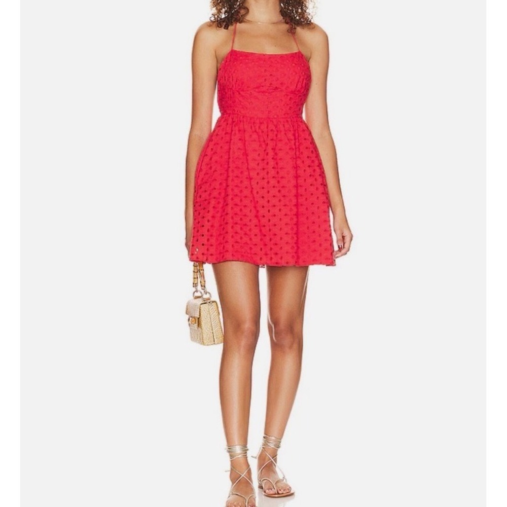 Show Me Your Mumu Out Of Town Mini Dress Red Eyelet Open Back Pockets MM3-5581 M